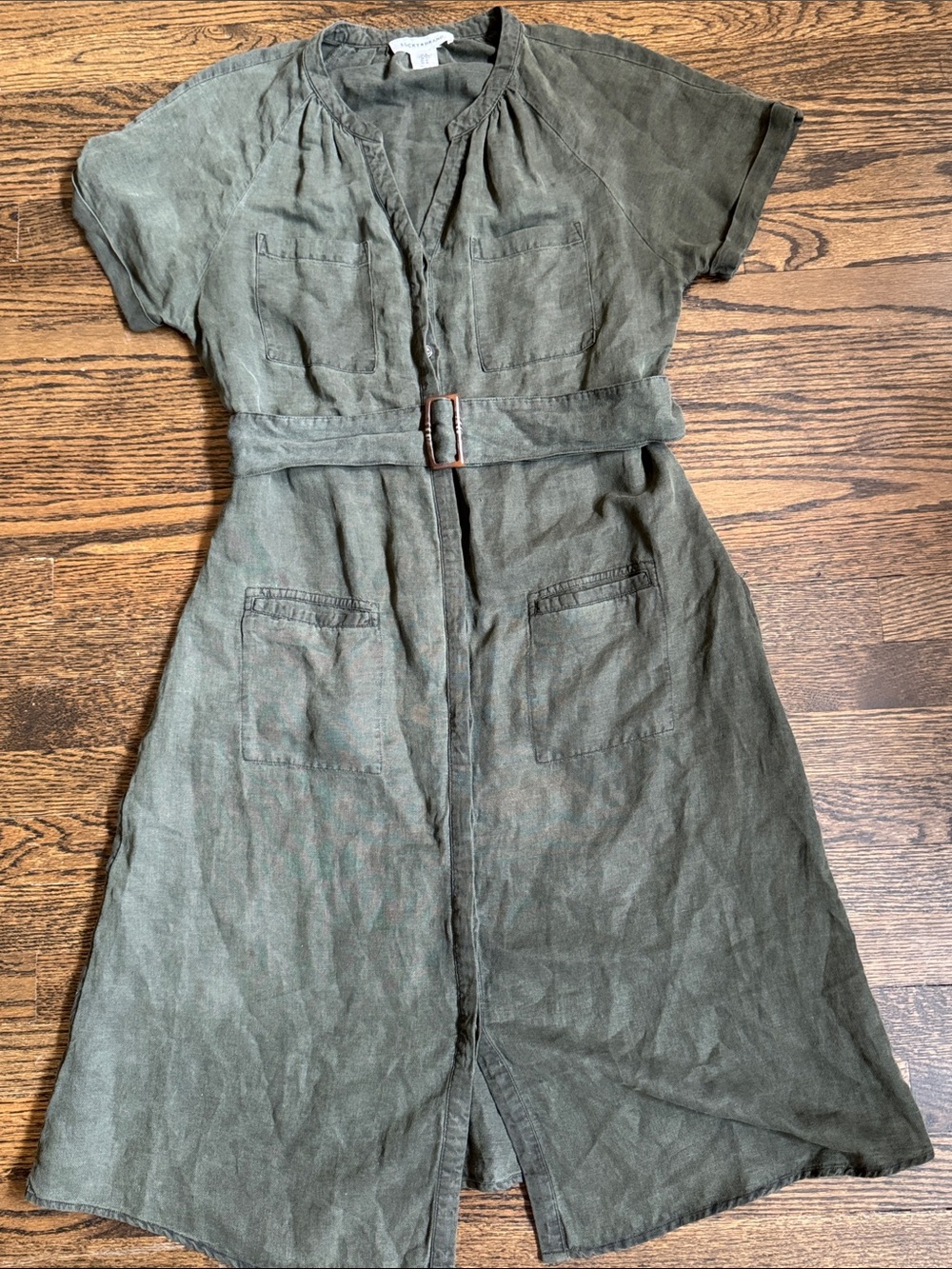 Lucky Brand Olive Belted Button Down Linen Midi Dress